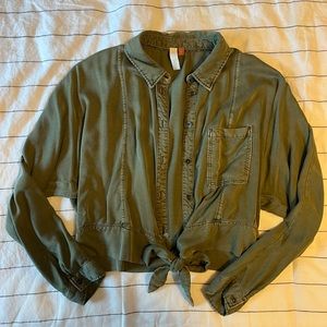 Anthropologie Green Button Tie Front Blouse